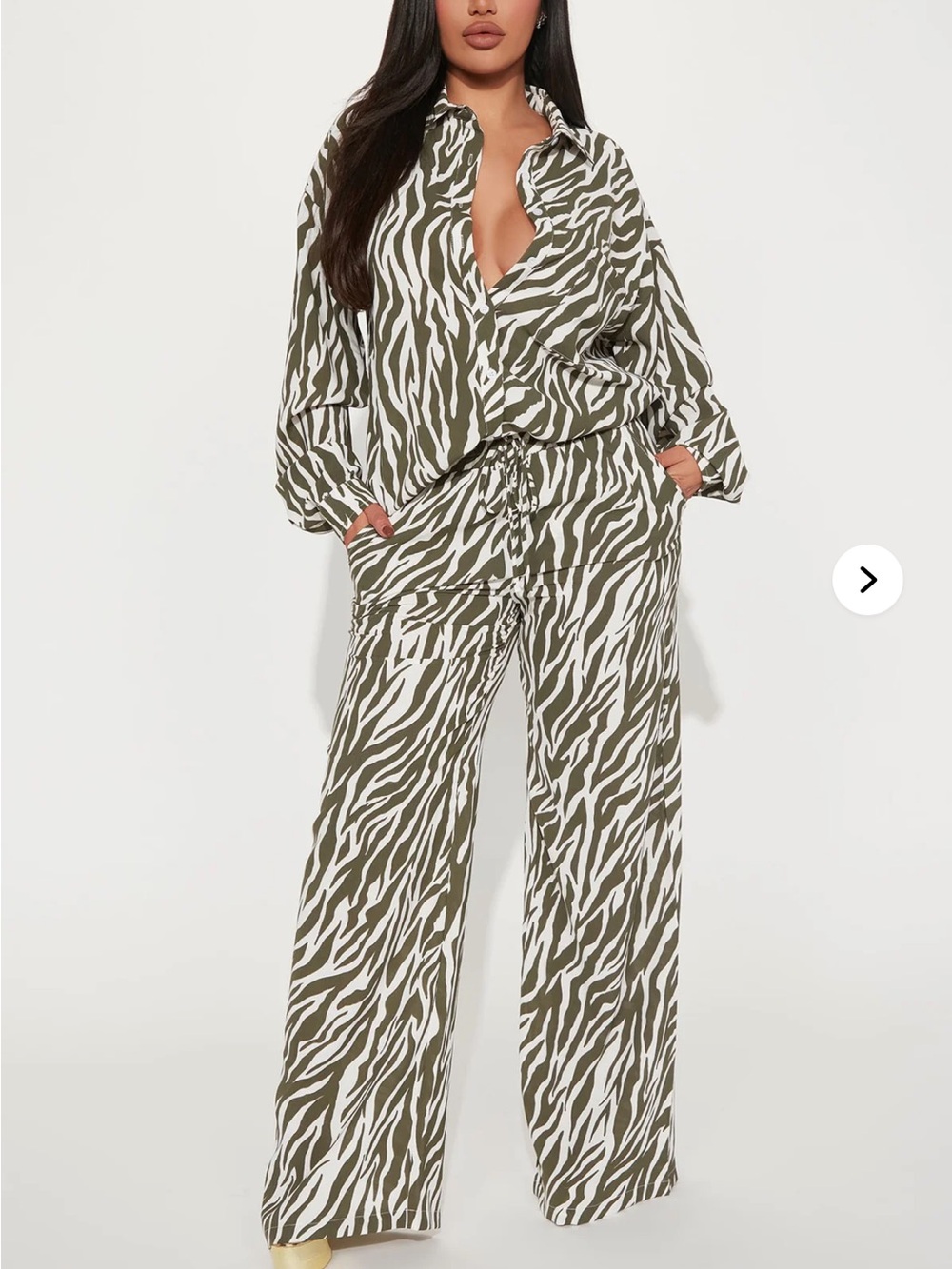 Fashion Nova Olive Green and White Zebra Two Piece Set